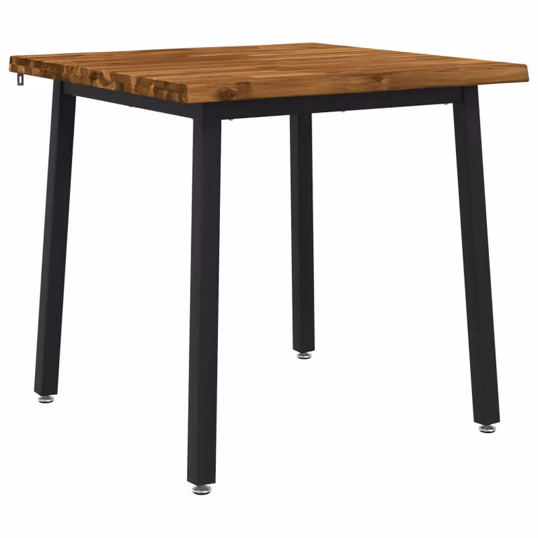 Mesa de comedor moderna vidaXL de madera de acacia sólida con borde natural y patas de metal, An/P/Al: 80 x 80 x 75 cm, color marrón y negro