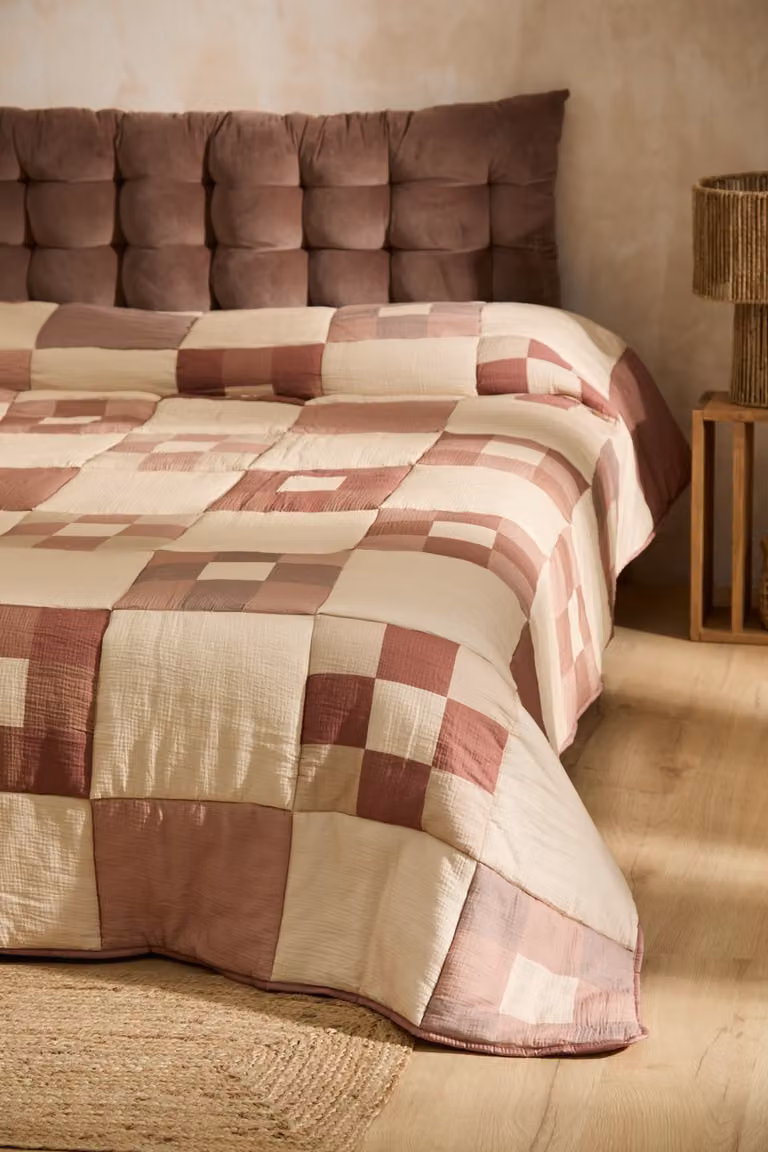 Manta de algodón patchwork Calma House en colores tierra para cama, An/P: 200 x 220 cm