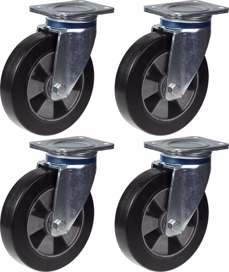 Juego de 4 ruedas giratorias Parnells de goma y aluminio en color negro con placa de alta resistencia