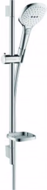 Set de ducha Hansgrohe Raindance Select E con alcachofa 120 mm, 3 chorros Ecosmart 9 l/min, barra de ducha Unica's Puro de 65 cm y jabonera en blanco y cromo