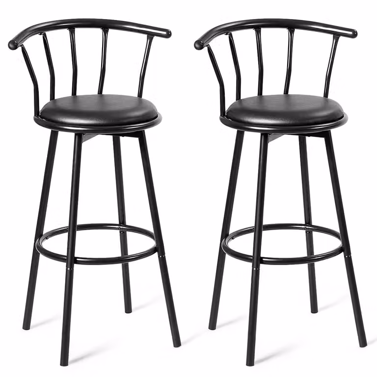 Juego de 2 taburetes de bar altos Costway de metal y polipiel negra con giro de 360 grados para cocina, comedor o terraza