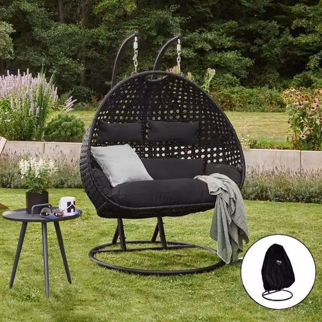 Silla colgante para 2 personas Home Deluxe TWIN de poliratán con funda de lluvia y cojines, color negro