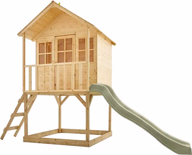 Cabaña de madera TP Toys con tobogán y caja de arena en color marrón y verde