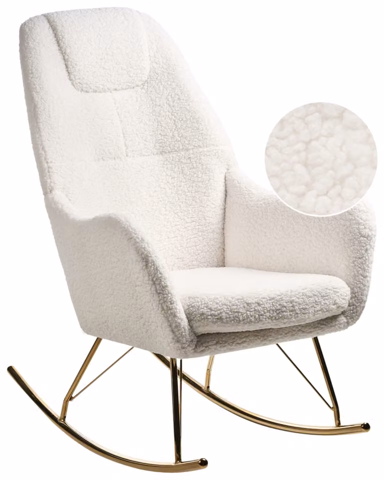 Mecedora Beliani de estilo moderno con tapicería bouclé en color blanco crema y estructura de metal dorado