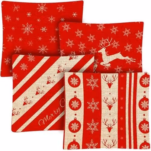 Set de 4 fundas decorativas de lino NORTHIX con diseño gráfico navideño en color rojo, An/An/Al: 45 x 45 x 45 cm