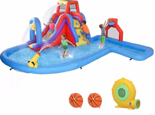 Castillo Hinchable Acuático Aosom con Tobogán, Pared de Escalada, Aro de Baloncesto y Portería de Fútbol Multicolour para Niños de 3 a 8 años