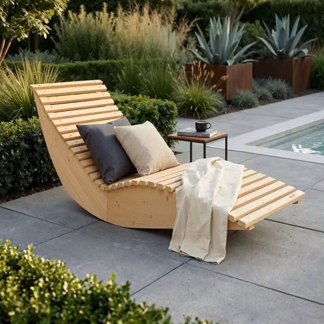 Tumbona de madera ondulada WOLGA de Home Deluxe en color marrón con diseño ergonómico para jardín o terraza