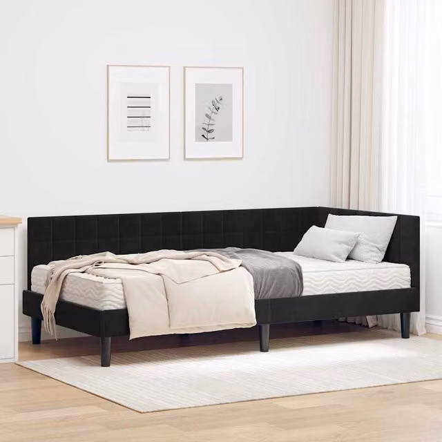 Estructura de cama de esquina con 2 colchones vidaXL en color negro y acabado de terciopelo, An/P/Al: 100 x 200 x 72 cm