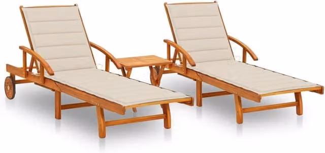 Set de 2 tumbonas con mesa y cojines Vidaxl de madera de acacia en color marrón y beige para jardín o terraza