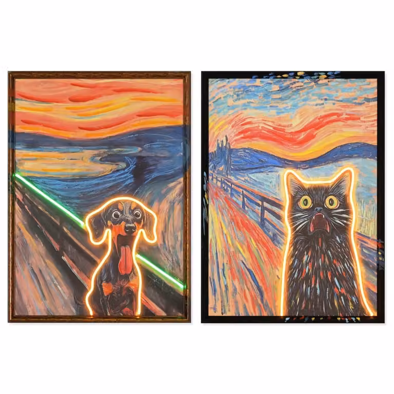 Conjunto de 2 cuadros luminosos de NIYLO con diseño abstracto de animales en multicolor, An/Al: 53 x 73 cm