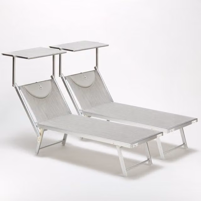 Set de 2 tumbonas plegables Beach&Garden Design en aluminio gris con textilene, sombrilla, reposacabezas ajustable y bandeja lateral