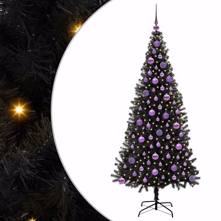 Árbol de Navidad moderno vidaXL de color negro con luces LED en tono blanco cálido, Altura: 180 cm, fabricado en PVC