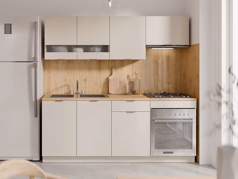 Cocina completa moderna CARMEO en color beige y arena con encimera de 200 cm