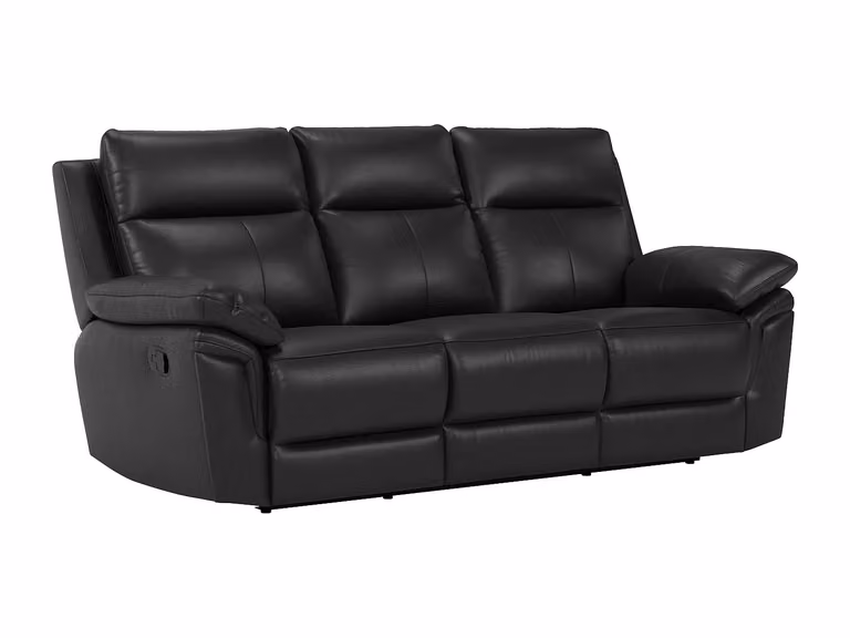 Sofá relax de 3 plazas PAKITA en piel de búfalo color negro con estructura de madera sólida y reposacabezas ajustable