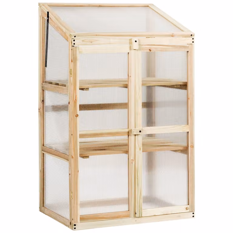 Mini invernadero de madera Costway con 3 niveles y estantes para plantas de exterior e interior, color marrón y transparente, An/P/Al: 60 x 45 x 100 cm