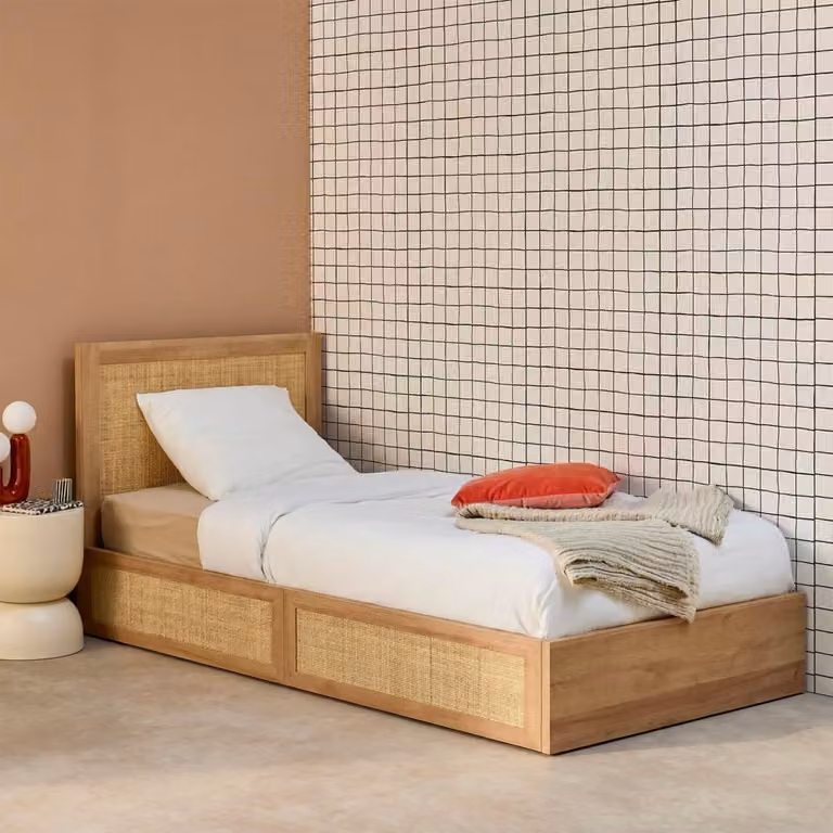 Cama Sweeek con 2 cajones y estilo boho en color beige y marrón, An/P/Al: 90 x 190 x 52.5 cm