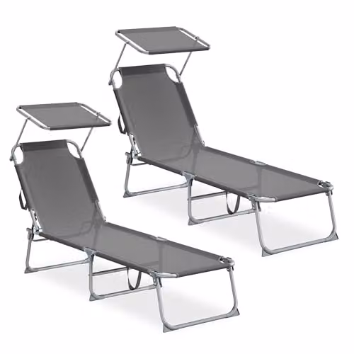 Juego de 2 tumbonas plegables SONGMICS con parasol y respaldo ajustable en color gris para jardín o terraza