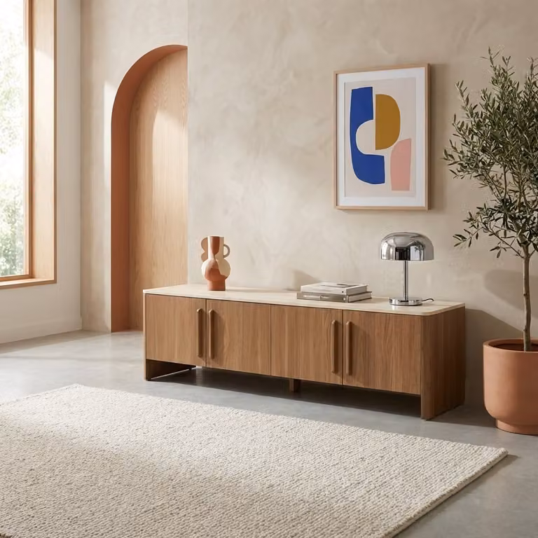 Mueble de TV Aretha de SWEEEK con 4 puertas en acabado nogal y efecto madera travertino, An/P/Al: 180 x 40 x 50 cm