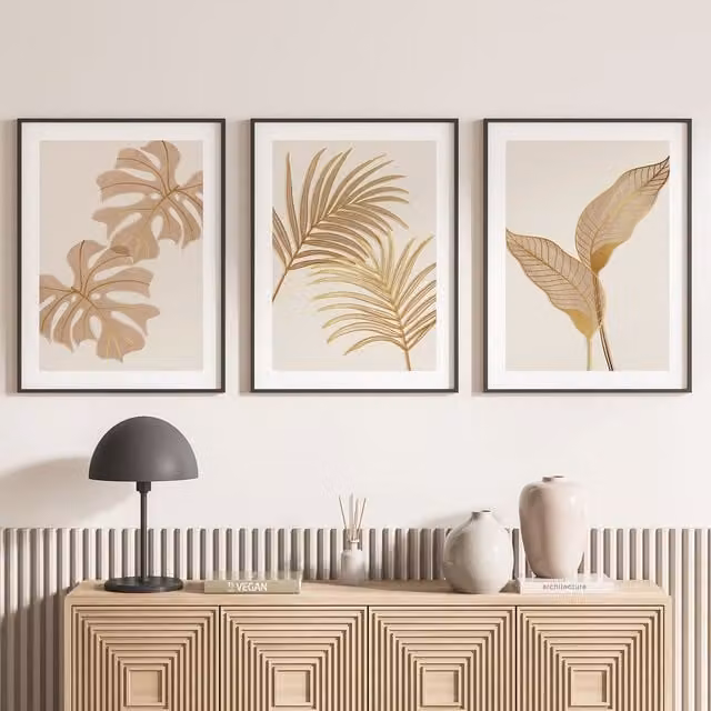 Lote de 3 pósteres decorativos de papel LUMALÉA con diseño floral botánico y abstracto en colores negro, blanco y beige, An/Al: 21 x 29,7 cm
