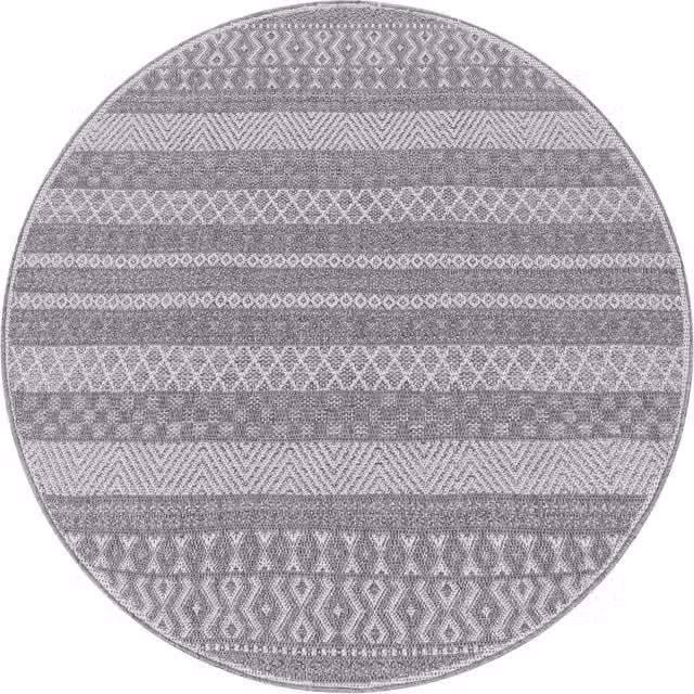 Alfombra Verona para interior y exterior, diseño geométrico boho, redondo, blanco, beige y gris, Diámetro: 200 cm