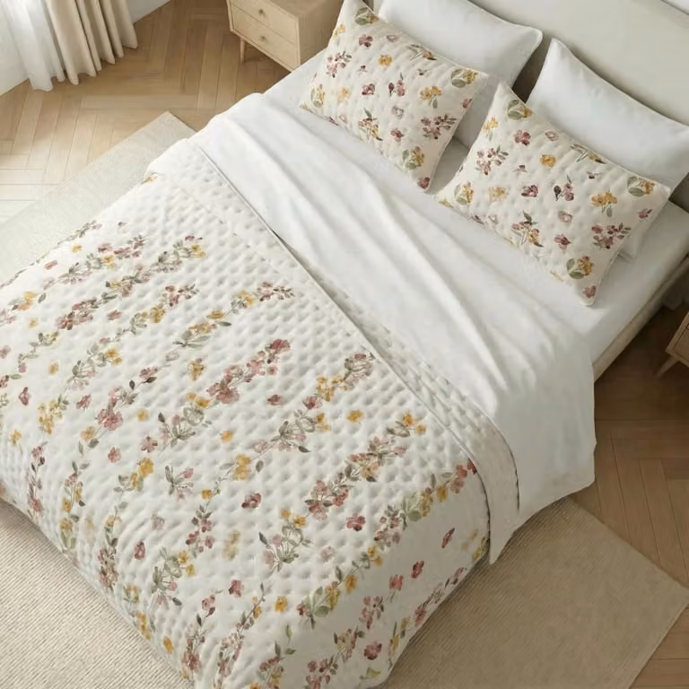 Colcha estampada floral extrasuave multicolor terracota y blanco, acolchada y lavable, An/P: 250 x 270 cm