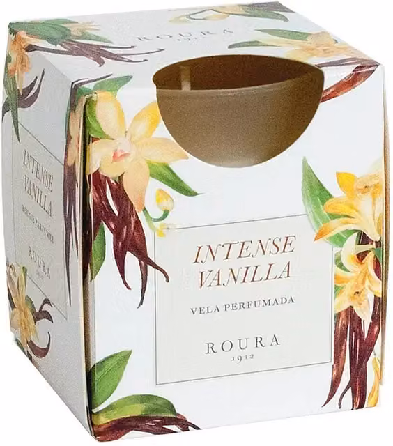 Vela de tipo pilar Ceras Roura con vaso de cristal en color beige y blanco, aroma gourmand, Diámetro: 7 cm, Altura: 8,5 cm