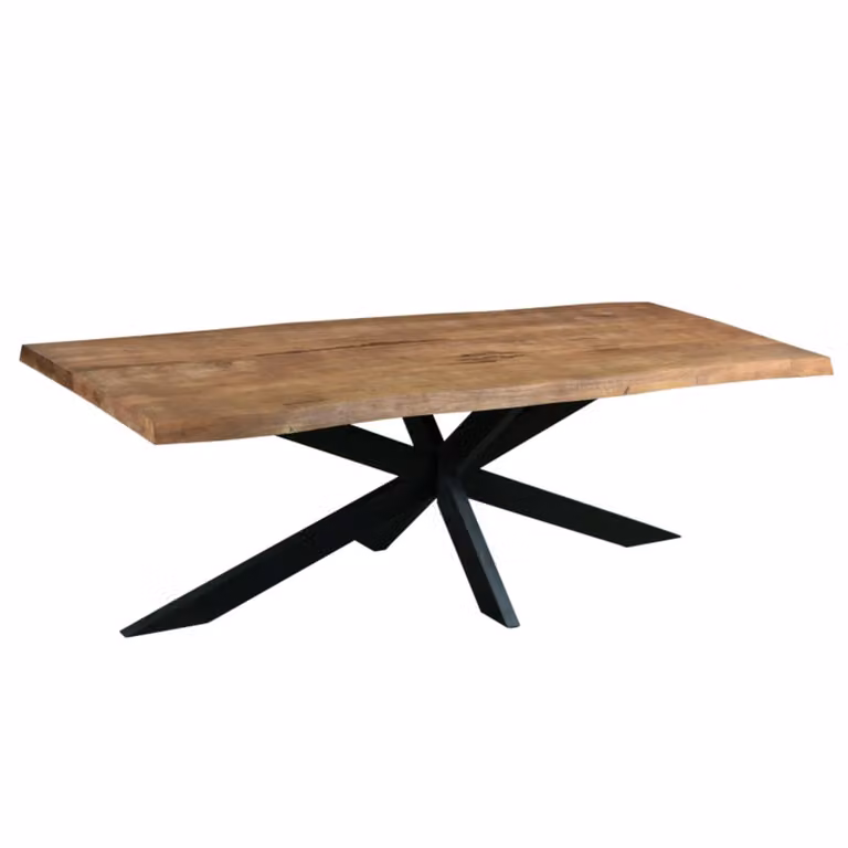Mesa de comedor rectangular MOLOO de madera de mango con bordes naturales y estructura de metal en color negro y marrón, capacidad para 8 a 10 personas, An: 220 cm