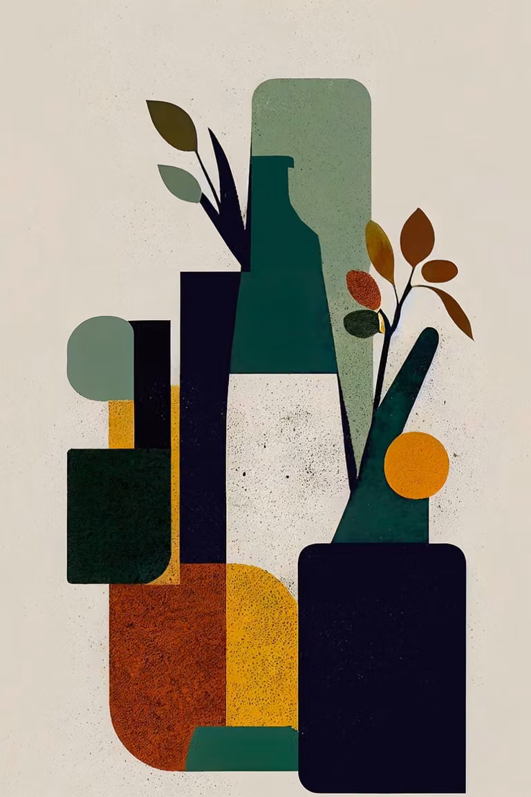 Cuadro Hexoa de botellas y plantas con diseño botánico sobre lienzo multicolor, An: 60 cm, Al: 90 cm