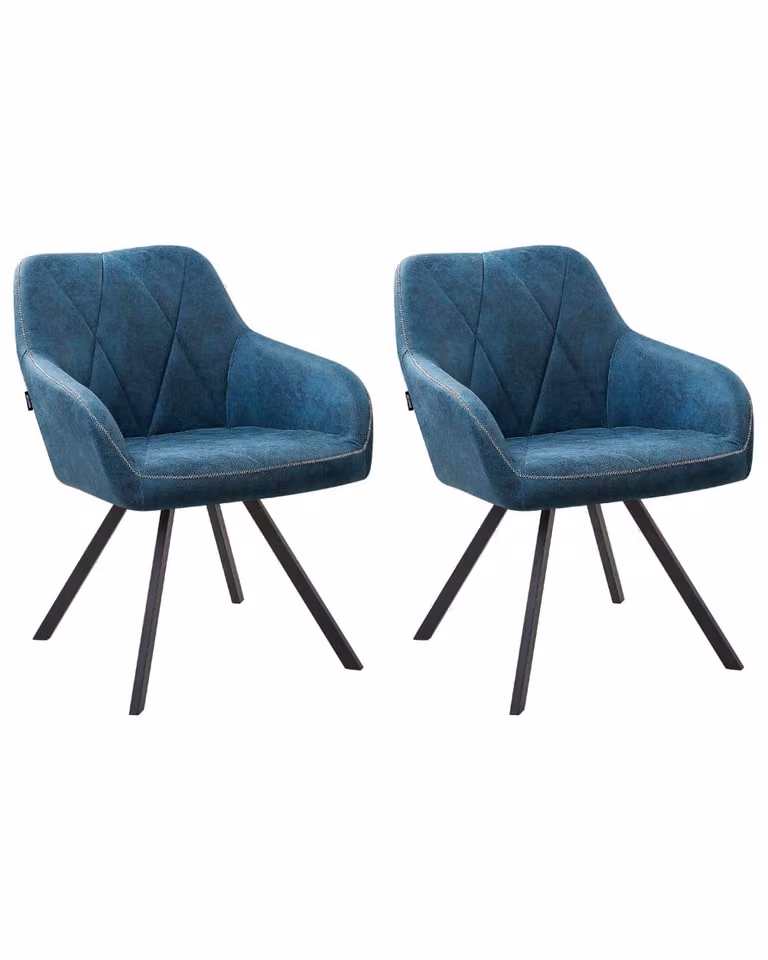 Conjunto de 2 sillas de comedor Beliani con reposabrazos y respaldo acolchado en tela color azul petróleo y patas de madera de eucalipto y metal negro de estilo moderno