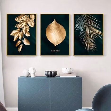 Conjunto de 3 lienzos MIMIY con diseño de árbol del bosque y hojas de palmera doradas, arte mural moderno de temática botánica y naturaleza, An/P/Al: 30 x 40 cm