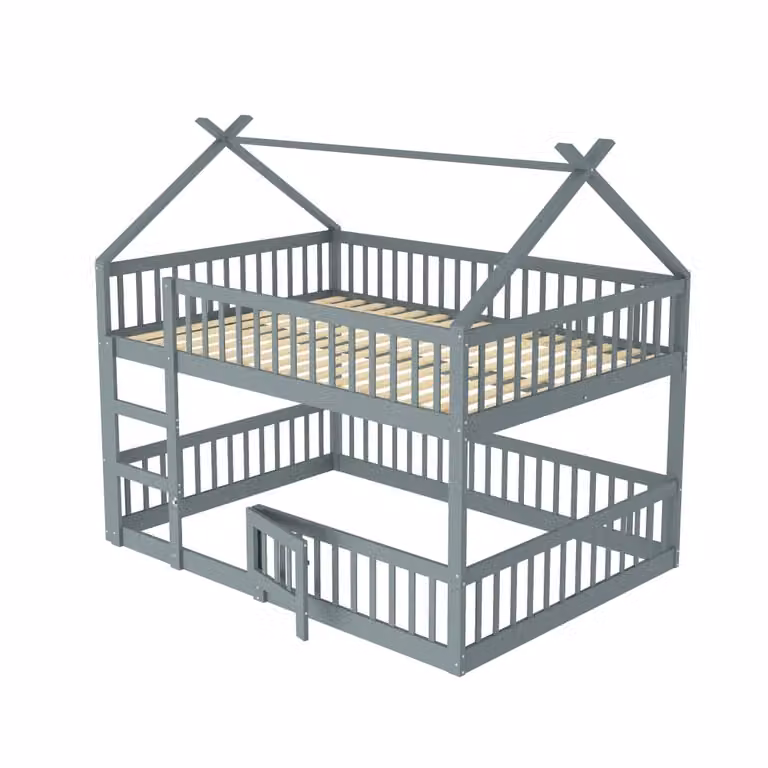Litera de madera MODFU para niños con estructura de casa y zona de juego en color gris, An/P/Al: 140 x 200 cm