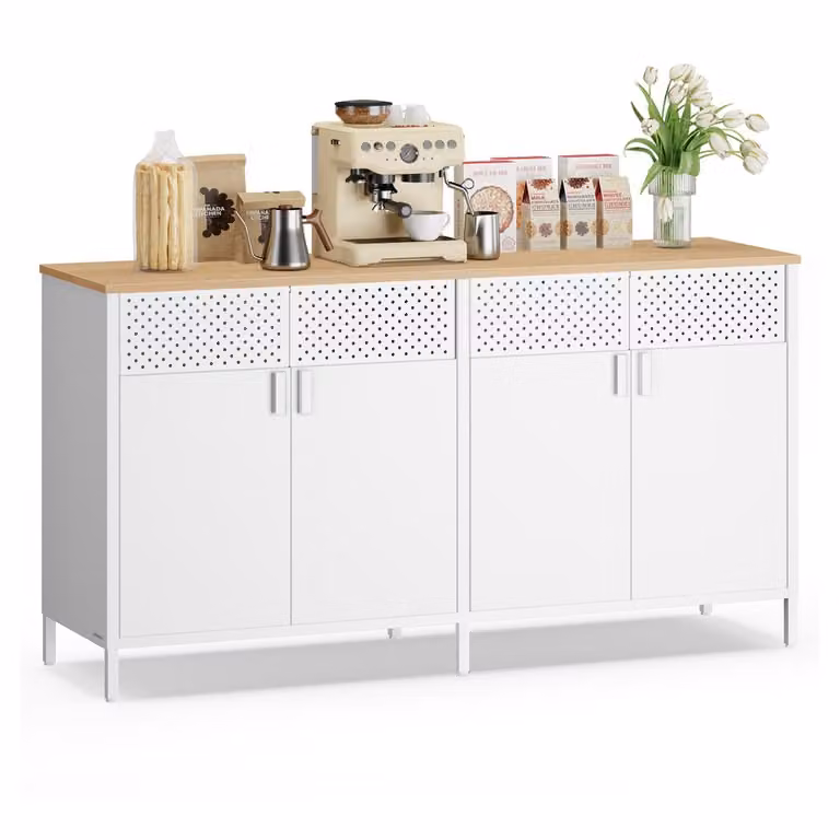 Aparador de almacenamiento SONGMICS de metal y MDF con 4 puertas magnéticas y estantes ajustables, color blanco y roble beige, An/P/Al: 141 x 40 x 76 cm