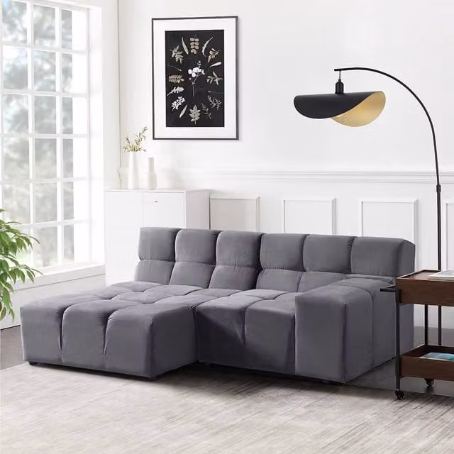 Sofá modular ORLENA de Home Deluxe en terciopelo color antracita con otomana y cojines incluidos, forma en L con orientación izquierda, An: 204 cm, P: 148 cm