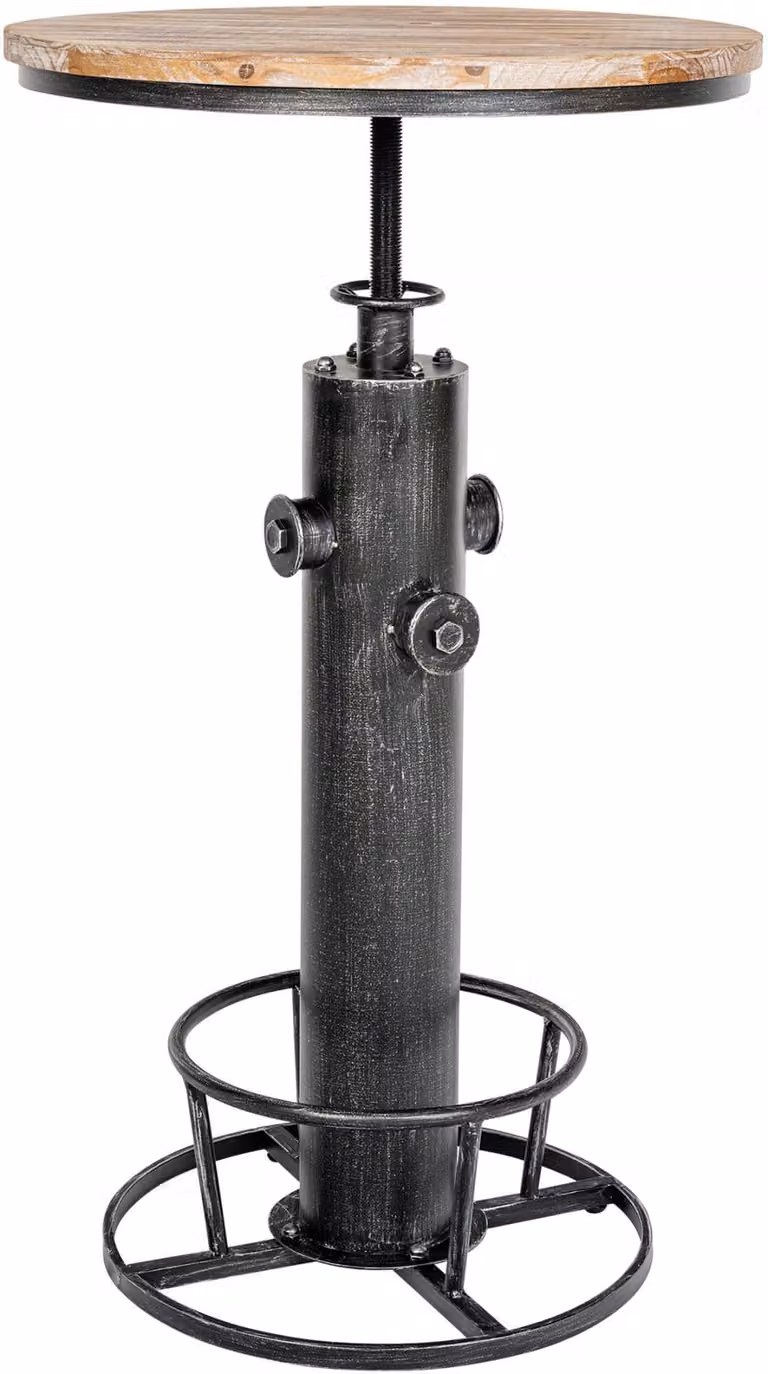 Mesa de bar redonda de estilo industrial con sobre de madera de pino y estructura de metal gris mate ajustable en altura para 4 personas