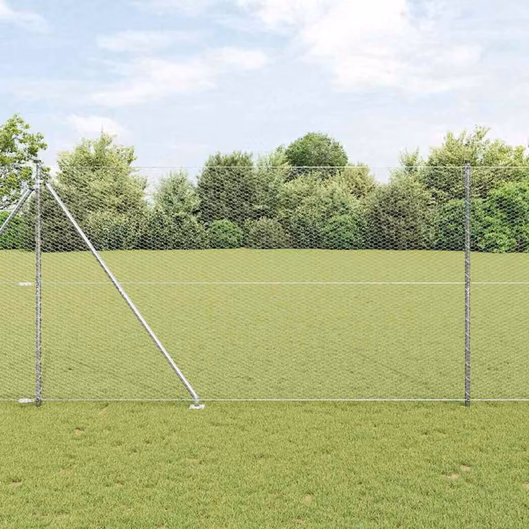 Valla hexagonal Syfax de acero galvanizado plateado con poste y funda de suelo de 25 x 1,5 m