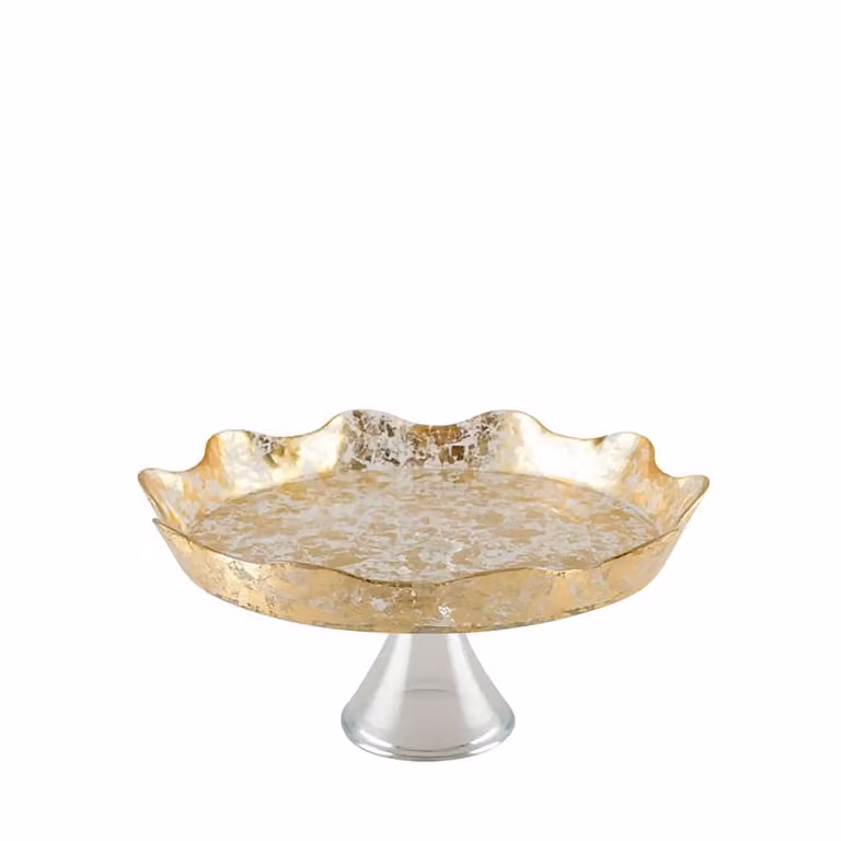 Plato para pasteles sobre pie de cristal Aulica con encaje dorado y forma redonda
