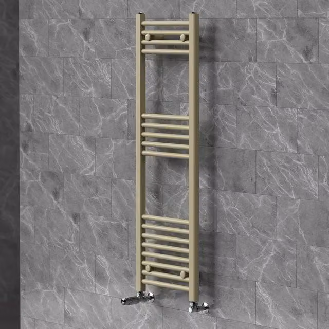 Radiador toallero Luxebath Sahara con válvula integrada y conexión lateral, diseño recto en acero, color beige mate, An/P/Al: 40 x 4 x 120 cm