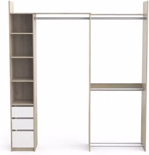 Vestidor extensible Swing de esquina con cajones y estantes en madera y MDF, disponible en blanco, marrón o beige, An: 199,7 cm, Al: 218,3 cm, P: 63,46 cm