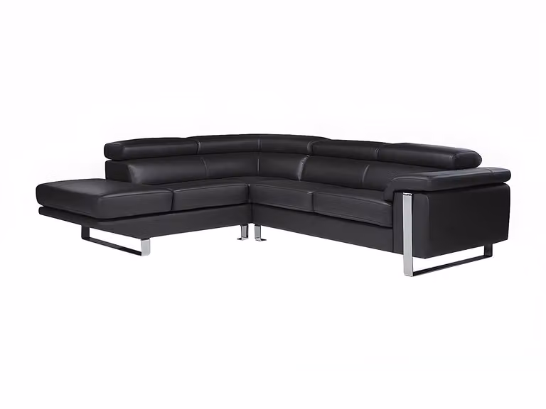 Sofá rinconera de piel Vente-Unique en color negro con ángulo izquierdo y reposacabezas ajustable