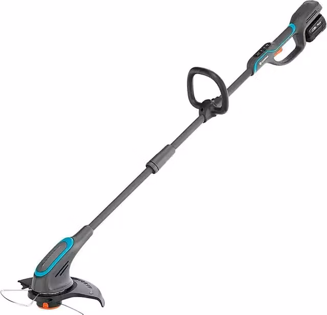 Recortabordes de batería Bosch PowerTrim 30/18V con batería de iones de litio de 4 Ah y ancho de corte de hilo de 30 cm en color gris y azul