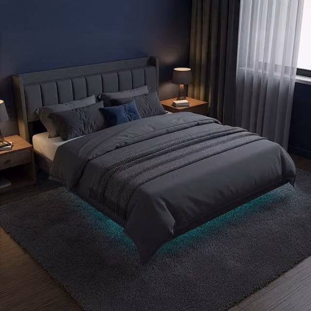 Cama LED MELURA Home Deluxe con colchón, tapizada en gris oscuro, con iluminación bajo la cama y puerto de carga USB, An/P/Al: 180 x 200 cm