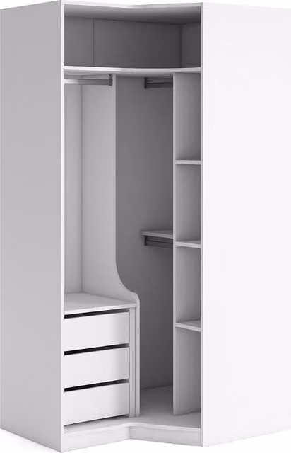 Armario rinconera derecha Mio de El Corte Inglés en color blanco con puertas abatibles, cajones internos, baldas y barras para colgar