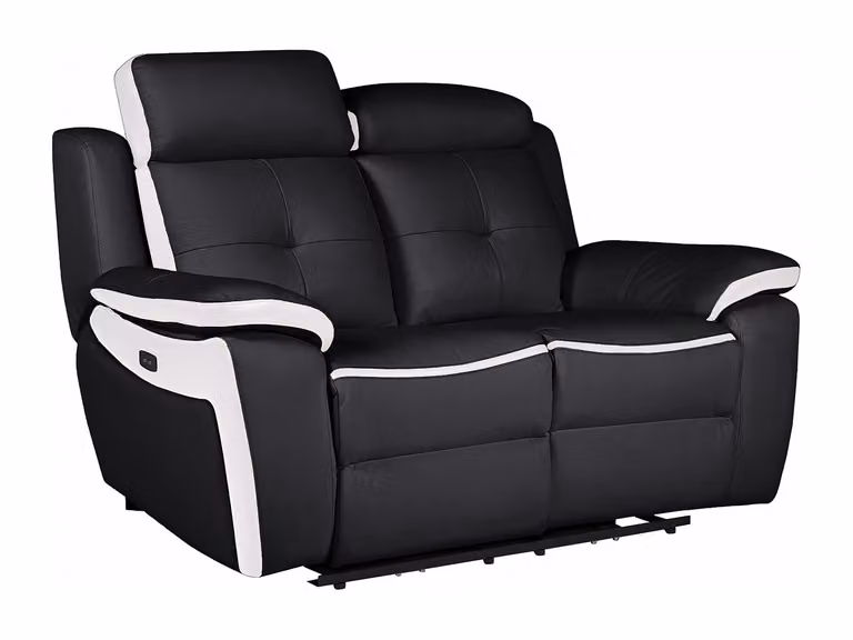 Sofá relax eléctrico de 2 plazas Angelique en piel negro y blanco con reposacabezas ajustable