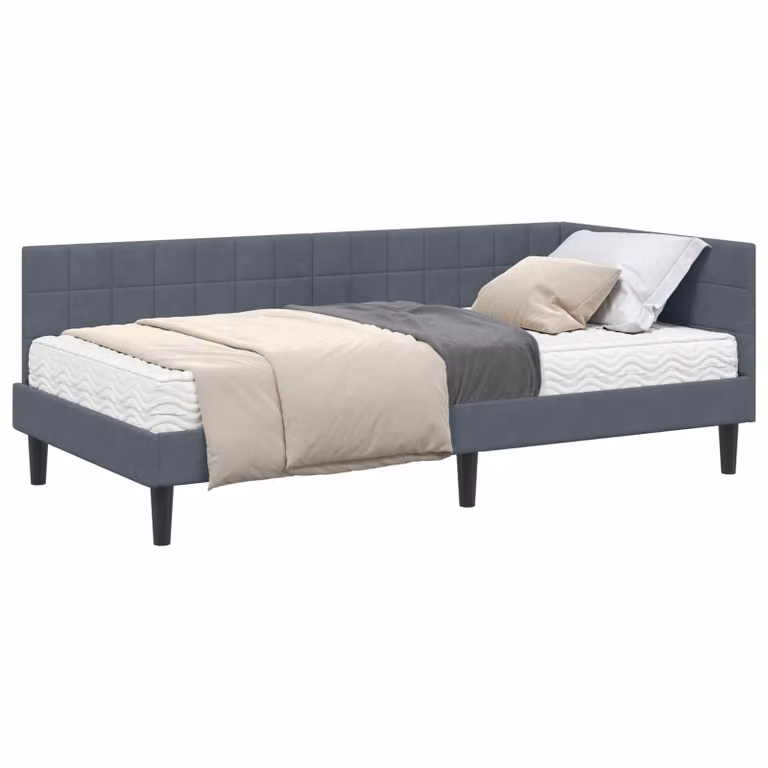 Estructura de cama de esquina con colchón de 2 unidades vidaXL en gris, tapizada en terciopelo, An/P/Al: 100 x 200 x 72 cm
