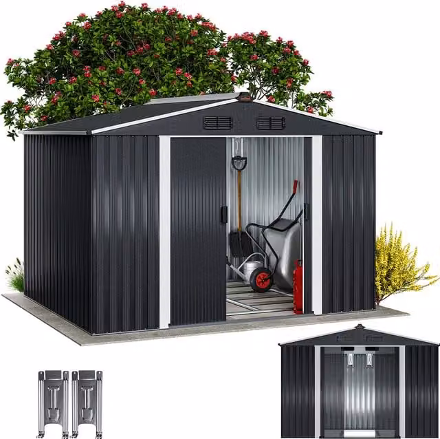 Caseta de jardín Gardebruk de acero galvanizado en color antracita con puertas correderas y ventilación en el tejado, An/P/Al: 260 x 205 x 180 cm