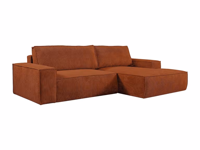 Sofá rinconera derecha de pana color terracota AMELIA con función de cama y cojines incluidos