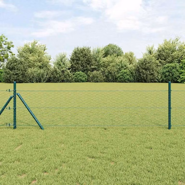 Malla de valla hexagonal Syfax de acero con recubrimiento de PVC verde para fijación de suelo de 25 x 0,8 m