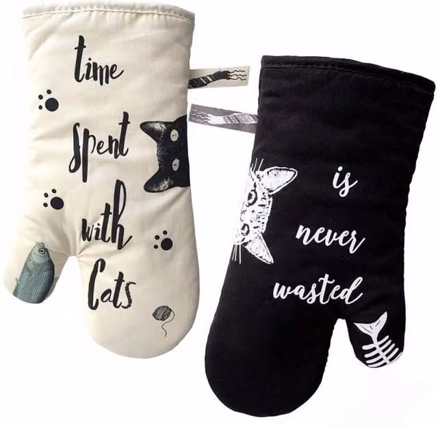 Guantes de cocina y manoplas de horno resistentes al calor LIIYIELA de algodón en color beige, blanco y negro con diseño de gatos para adultos