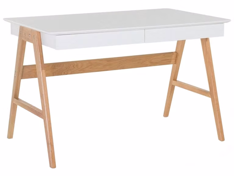 Escritorio Beliani de estilo minimalista en blanco y roble para oficina en casa, An: 120 cm, P: 70 cm, Al: 75 cm
