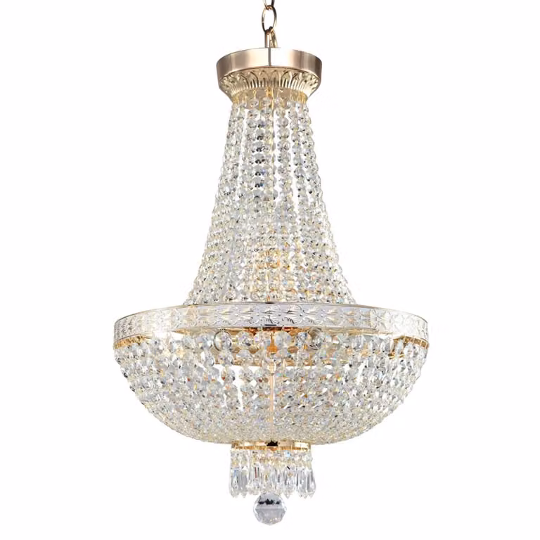 Lámpara de araña Bella de Maytoni en cristal transparente y latón dorado, atenuable para salón o comedor